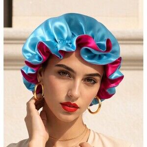 Reversible Satin Sleep Bonnet Hat – Blue & Pink – Extra Large, Elastic Fit